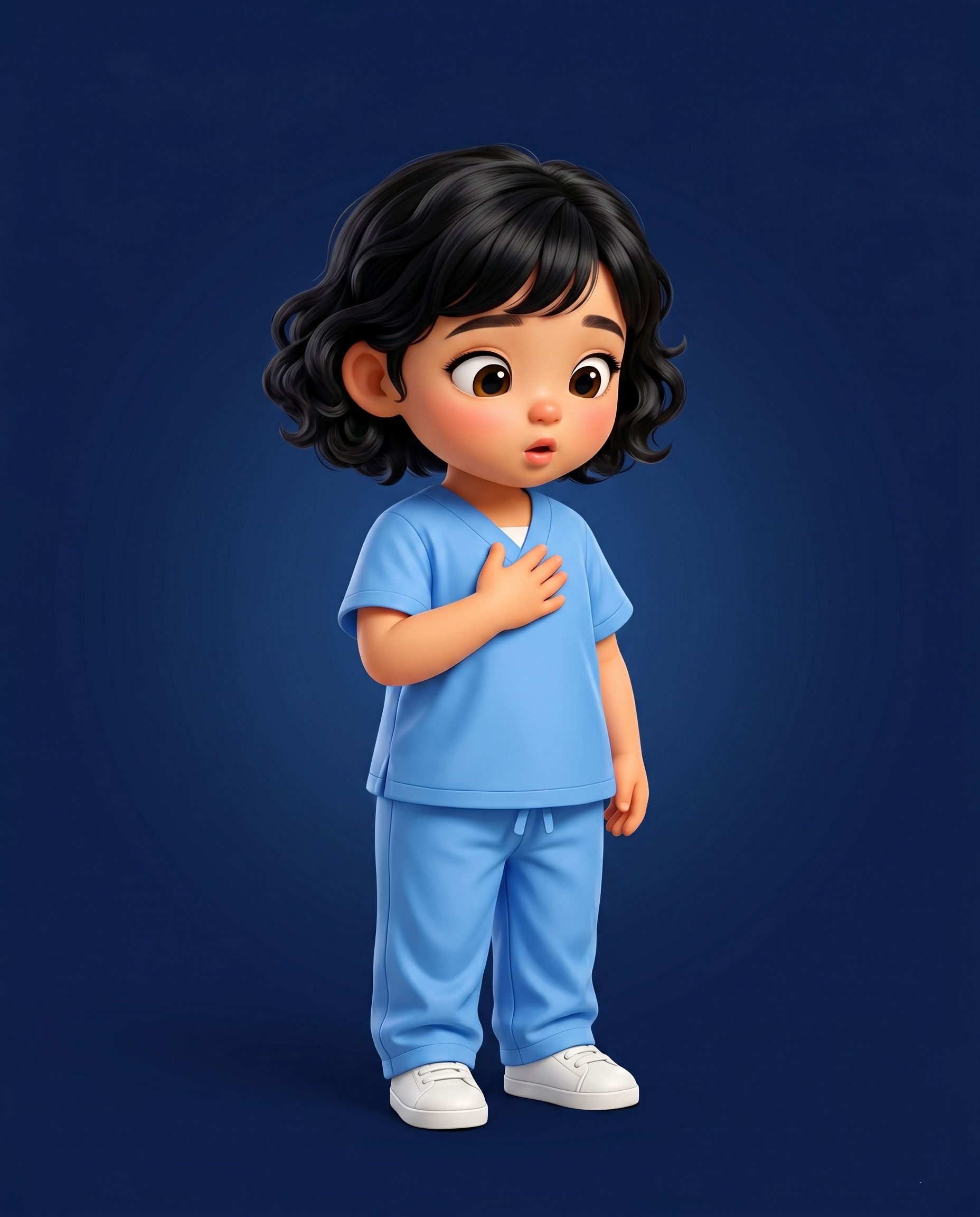 Junior Doctor — child in scrubs feeling her own heartbeat